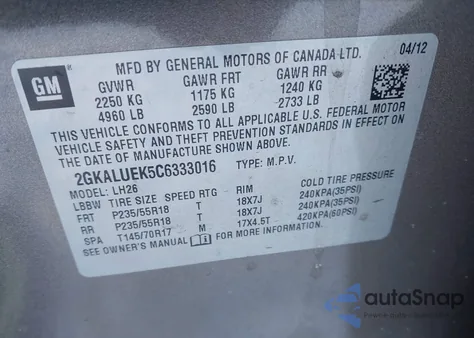 2012 GMC Terrain Slt-1 from USA, damaged, VIN 2GKALUEK5C6333016